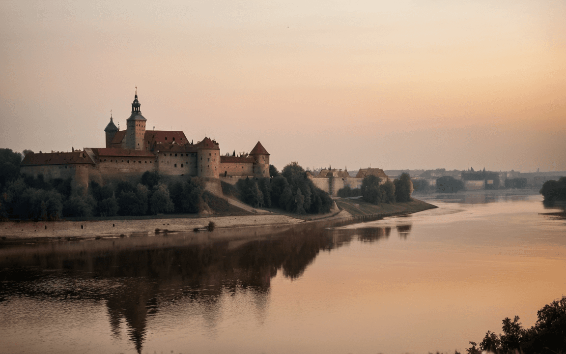 Zamek na Wawelu o zmierzchu, nad Wisłą